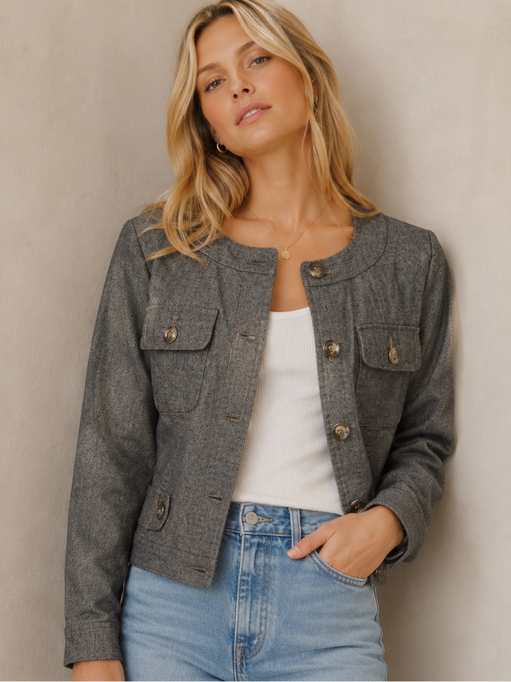 Vintage Focus 2000 Petite Military Mod Utility Jacket Gray Blazer Jacker SP
